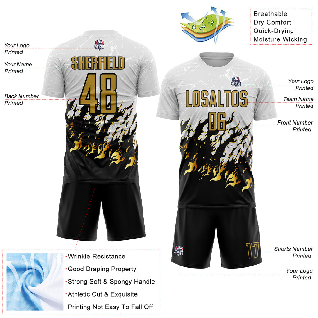 Custom White Old Gold-Black Flame Sublimation Soccer Uniform Jersey