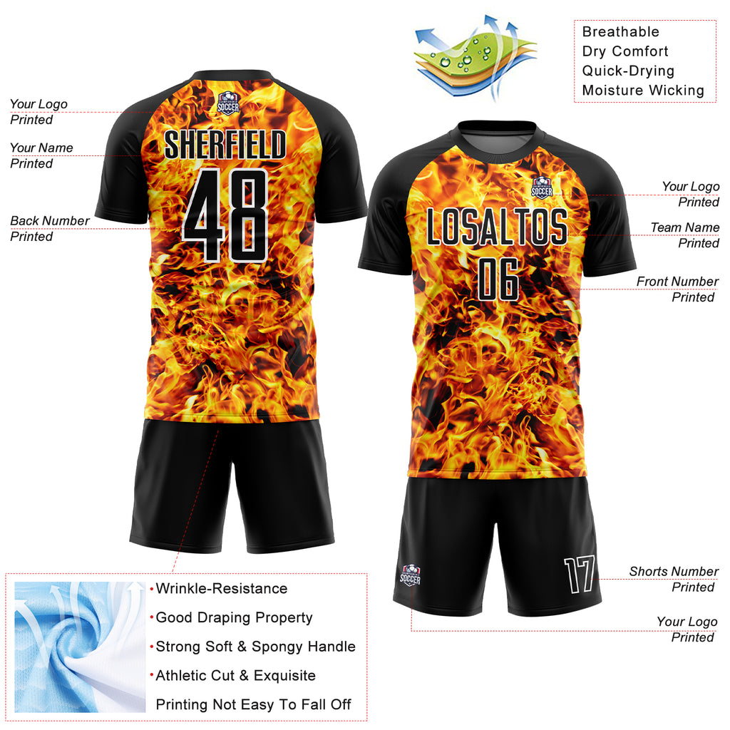 Custom Yellow Black-White Flame Sublimation Soccer Uniform Jersey