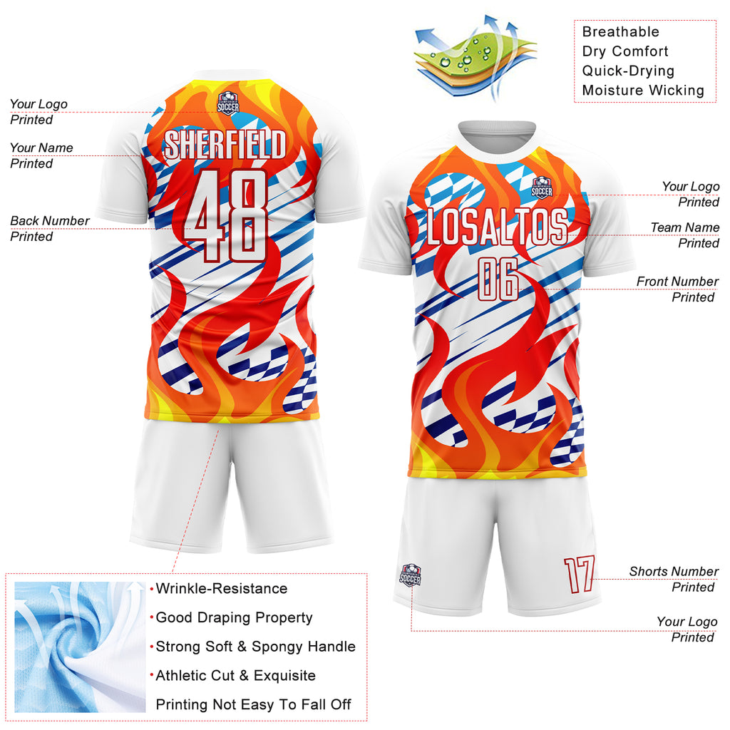 Custom White Red-Gold Flame Sublimation Soccer Uniform Jersey