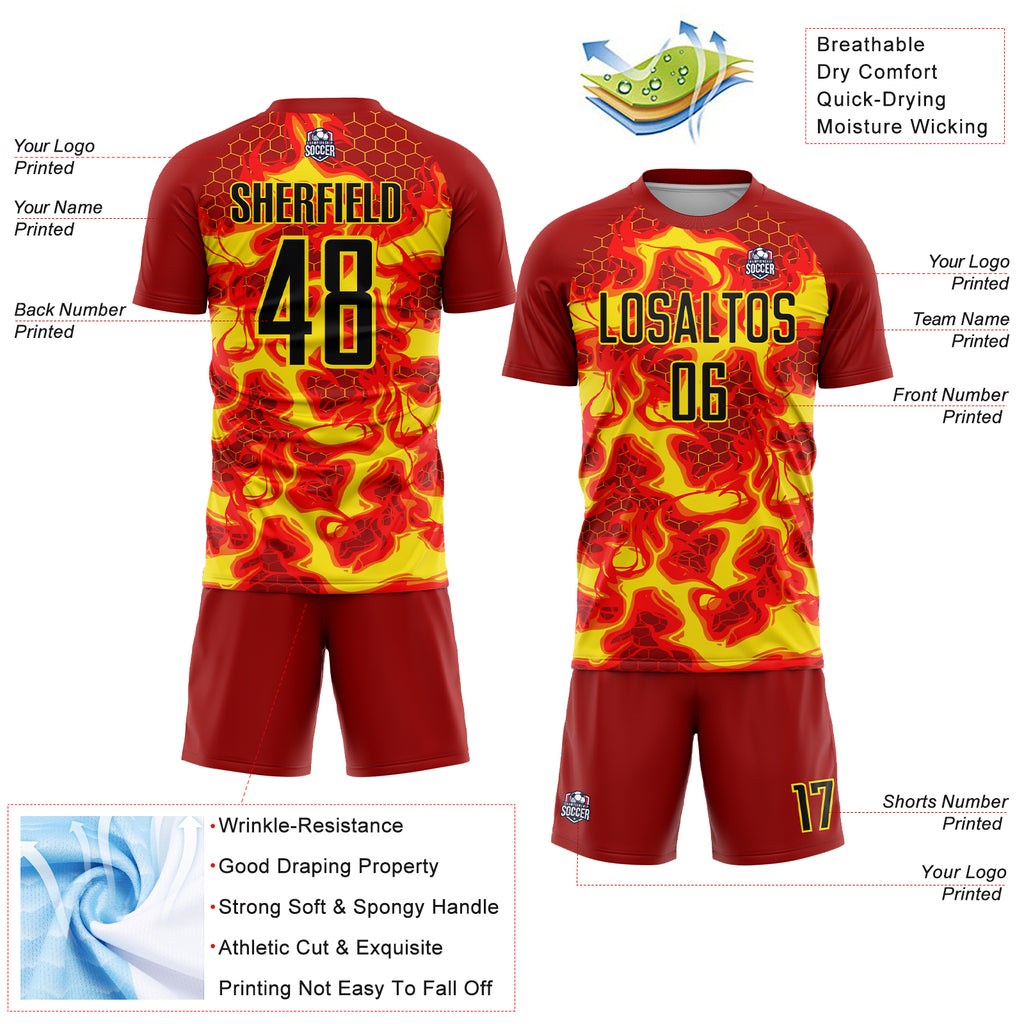 Custom Red Black-Light Yellow Flame Sublimation Soccer Uniform Jersey