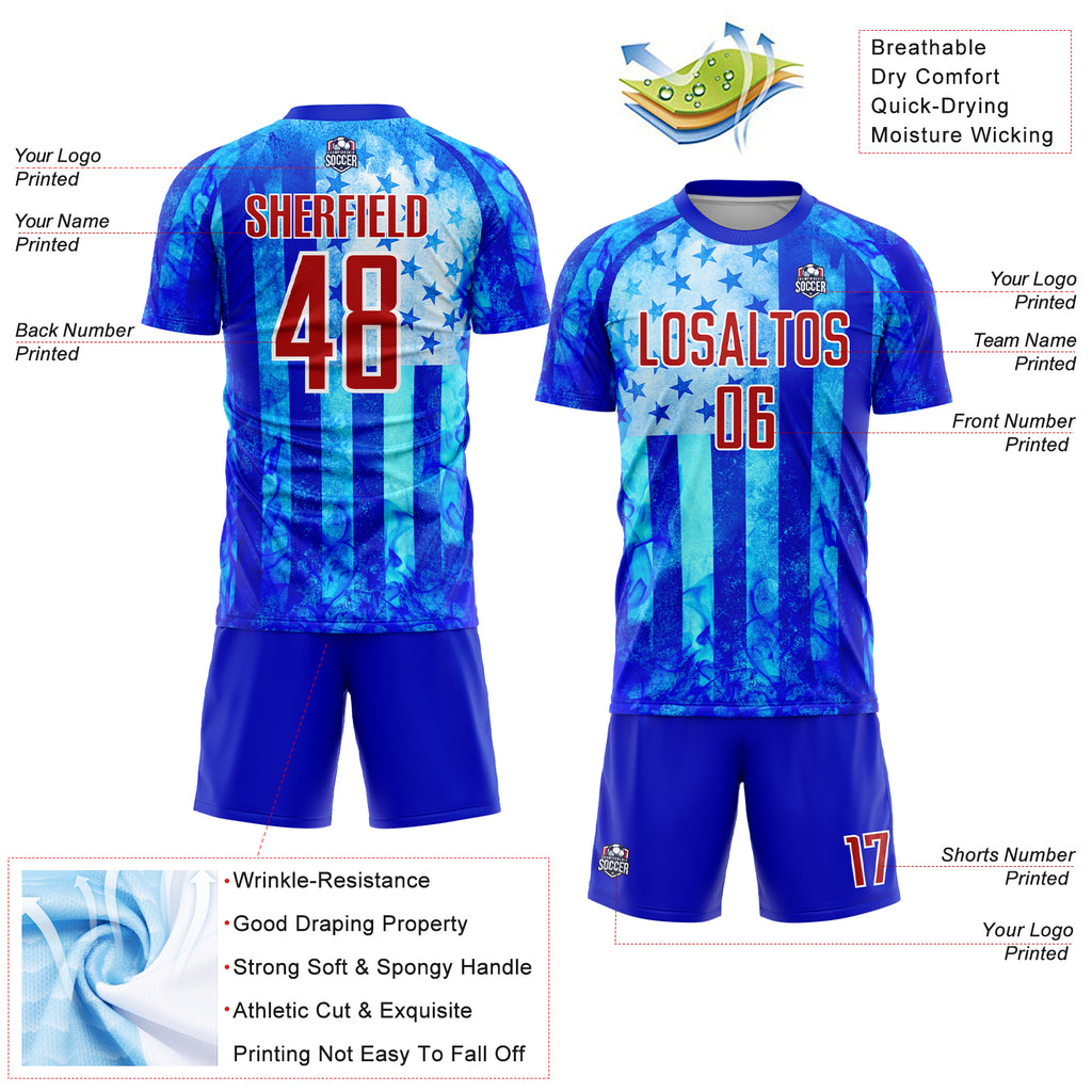 Custom Thunder Blue Red-White American Flag Flame Sublimation Soccer Uniform Jersey