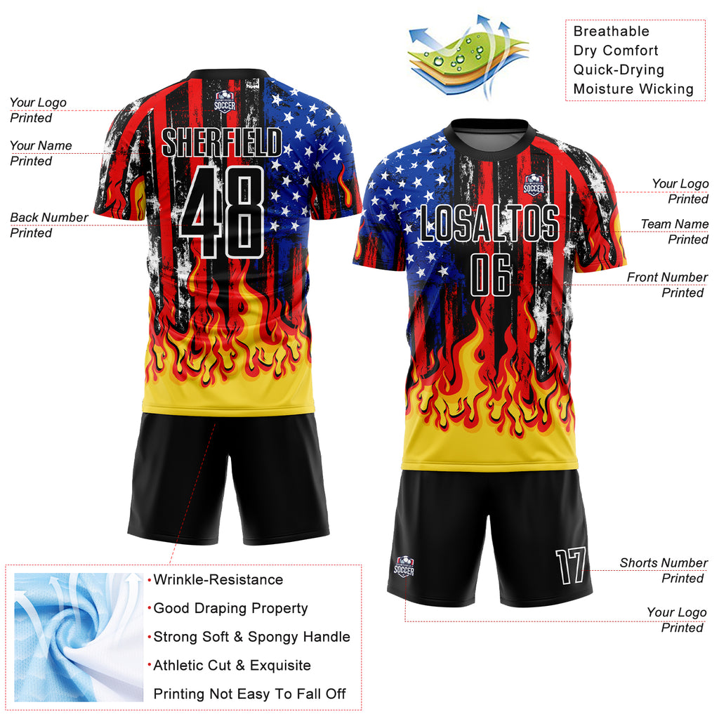 Custom Black Red Royal-Gold American Flag Flame Sublimation Soccer Uniform Jersey