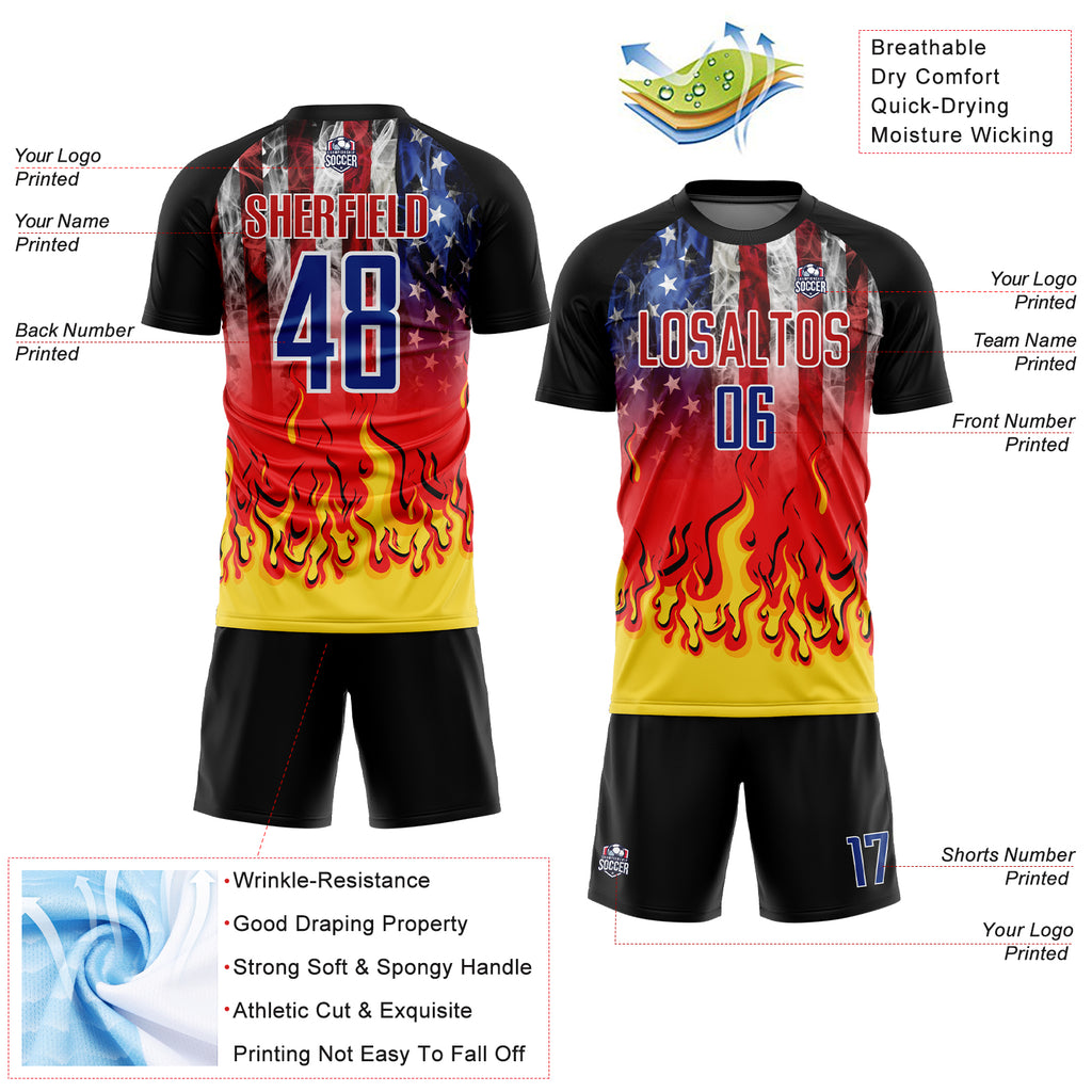 Custom Black Royal Red-Gold American Flag Flame Sublimation Soccer Uniform Jersey