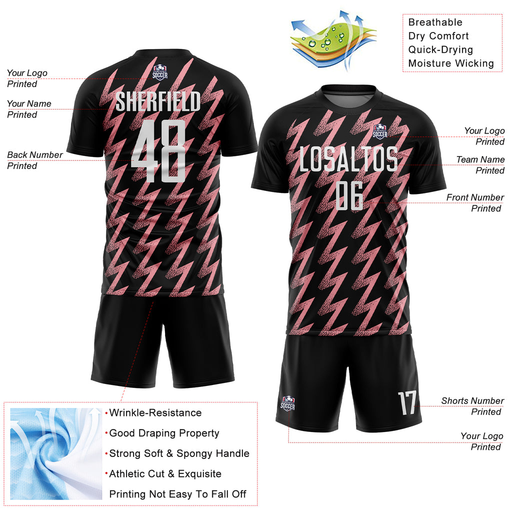 Custom Black White-Medium Pink Zigzag Shape Sublimation Soccer Uniform Jersey