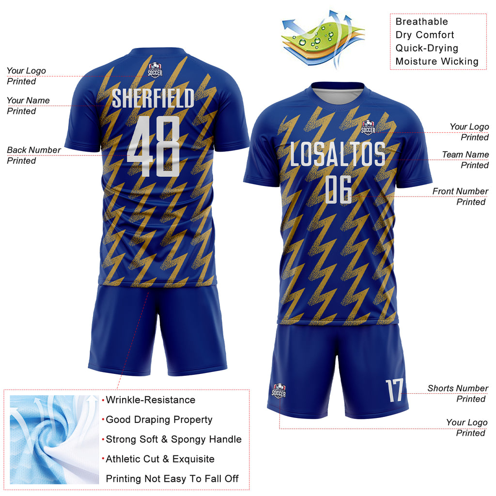 Custom Royal White-Old Gold Zigzag Shape Sublimation Soccer Uniform Jersey