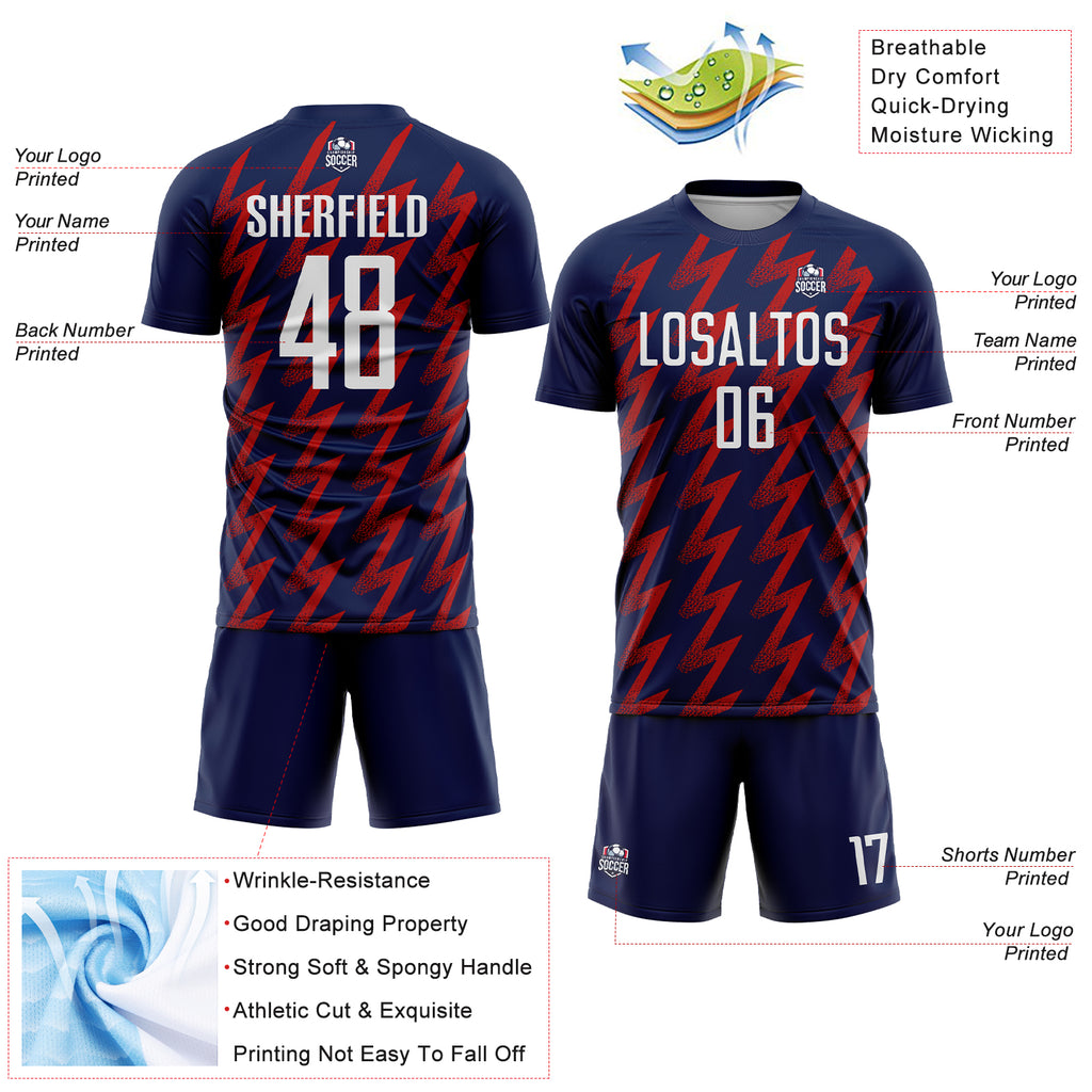 Custom Navy White-Red Zigzag Shape Sublimation Soccer Uniform Jersey