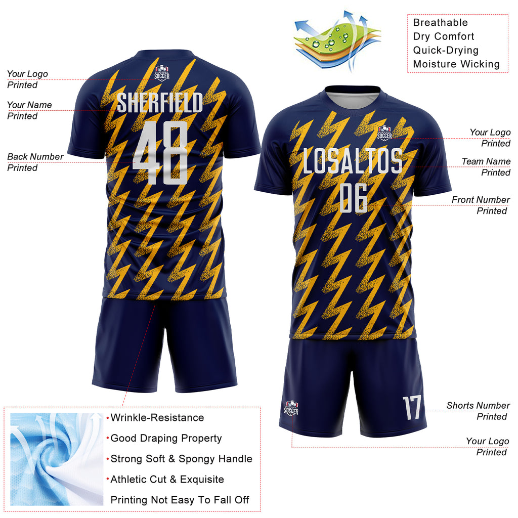 Custom Navy White-Gold Zigzag Shape Sublimation Soccer Uniform Jersey