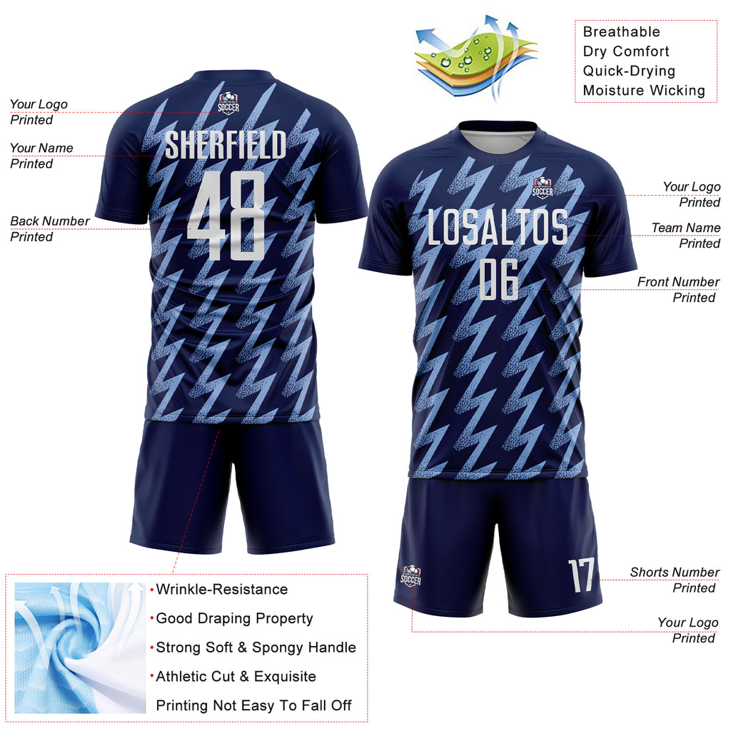 Custom Navy White-Light Blue Zigzag Shape Sublimation Soccer Uniform Jersey