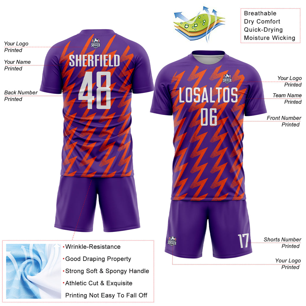 Custom Purple White-Orange Zigzag Shape Sublimation Soccer Uniform Jersey