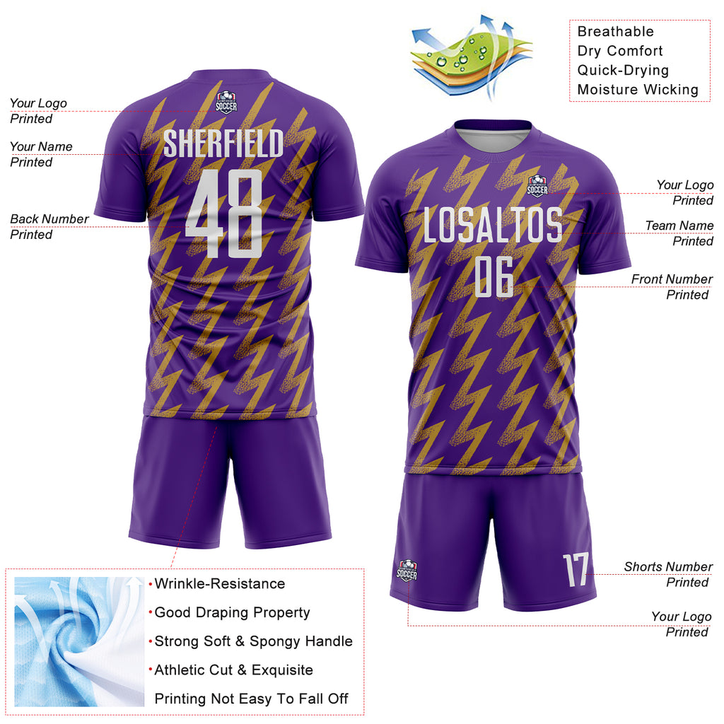 Custom Purple White-Old Gold Zigzag Shape Sublimation Soccer Uniform Jersey