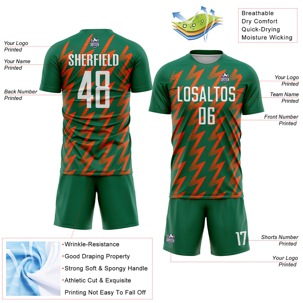 Custom Kelly Green White-Orange Zigzag Shape Sublimation Soccer Uniform Jersey