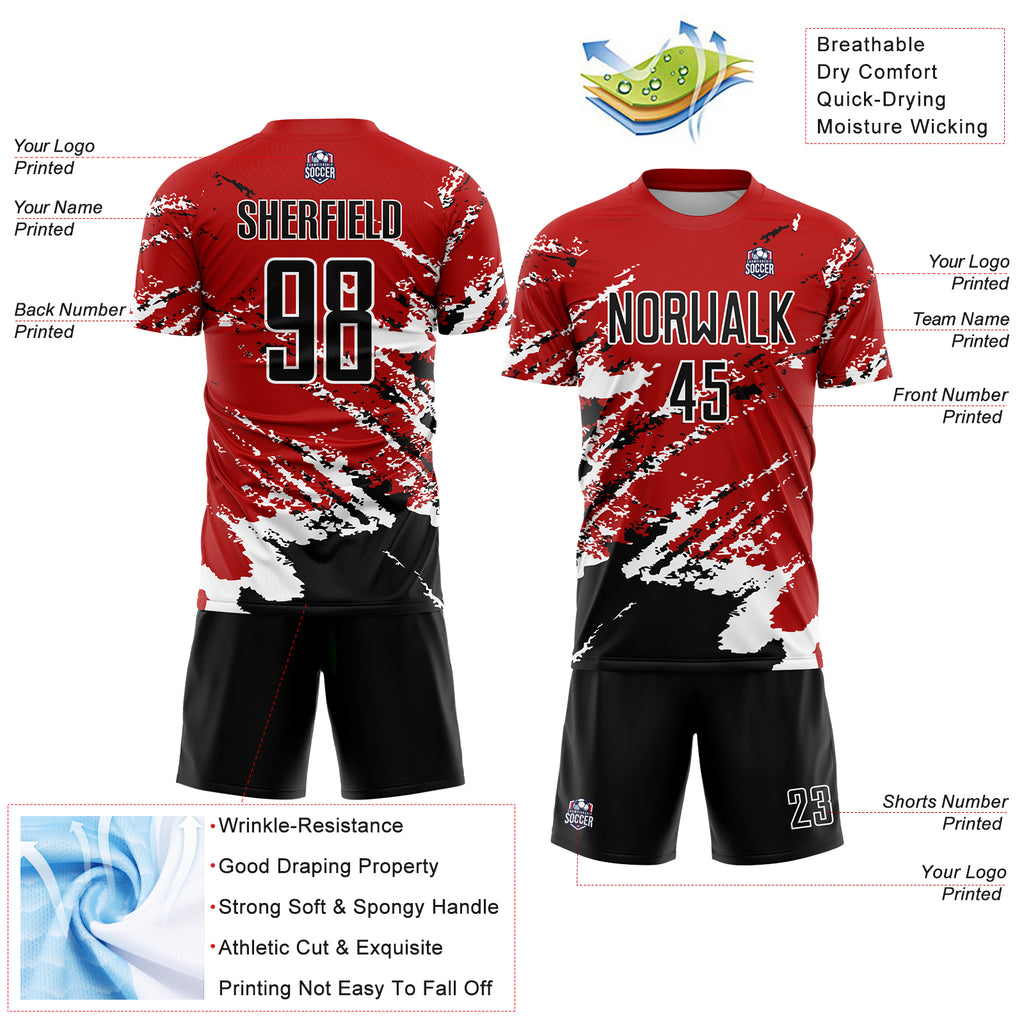 Custom Red Black-White Abstract Fragment Art Splash Sublimation Soccer Uniform Jersey