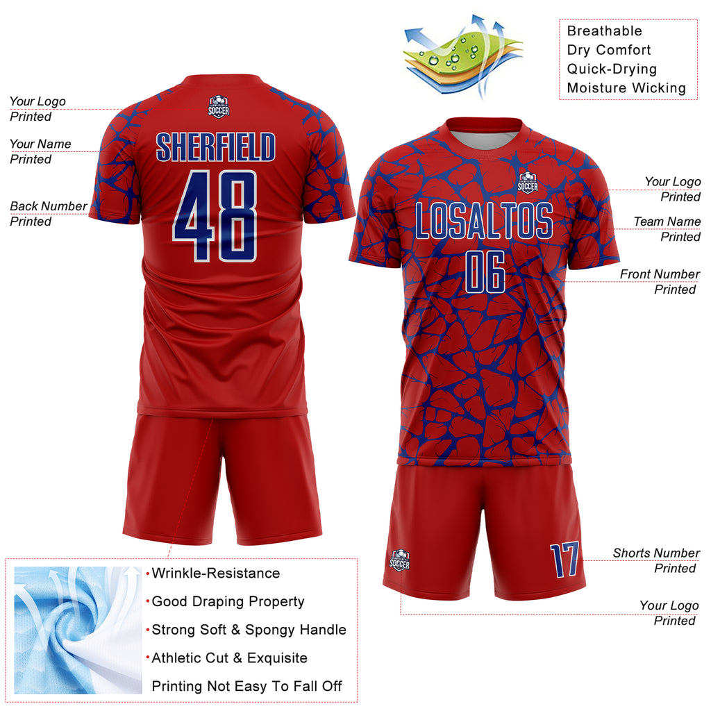 Custom Red Royal-White Abstract Network Splash Sublimation Soccer Uniform Jersey