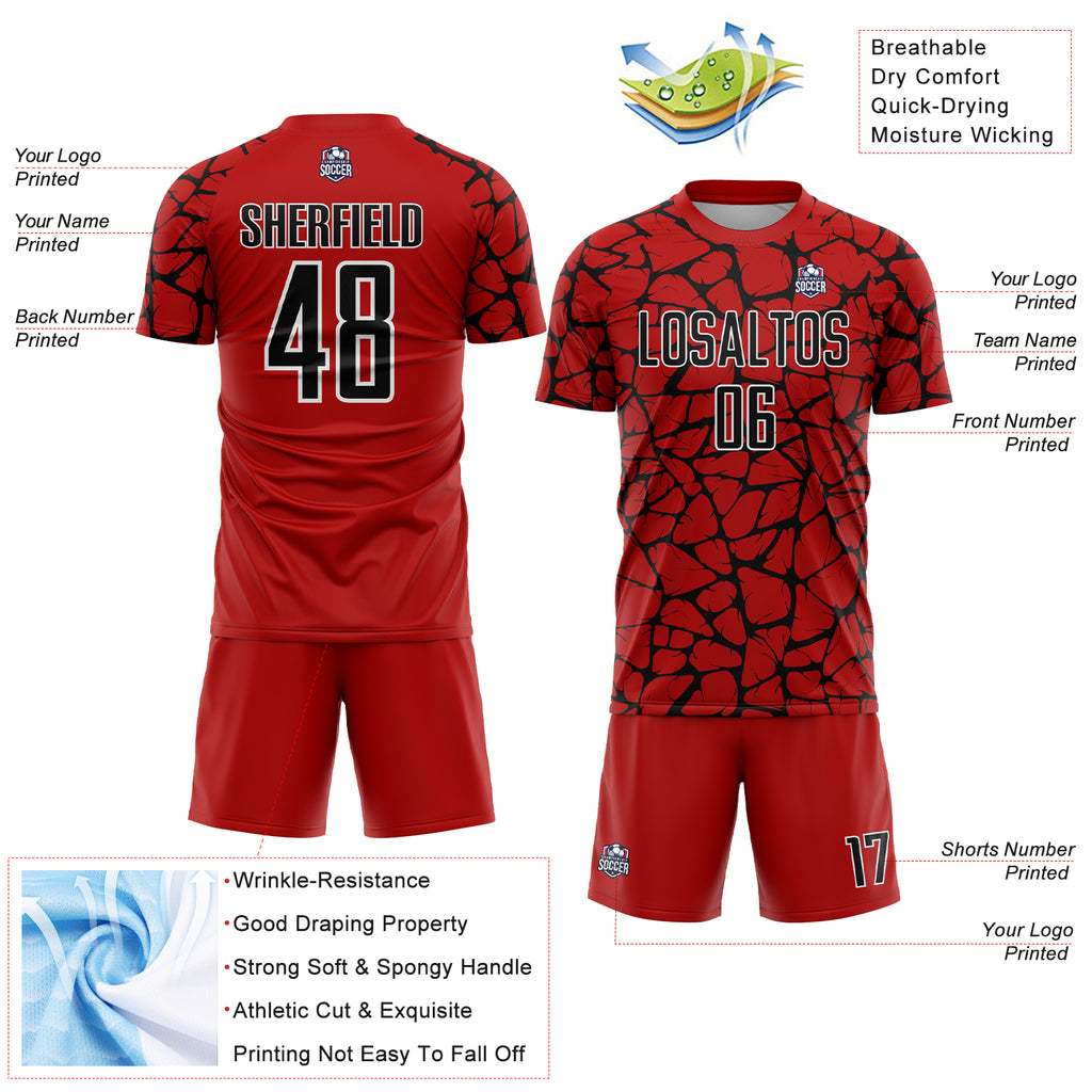 Custom Red Black-White Abstract Network Splash Sublimation Soccer Uniform Jersey