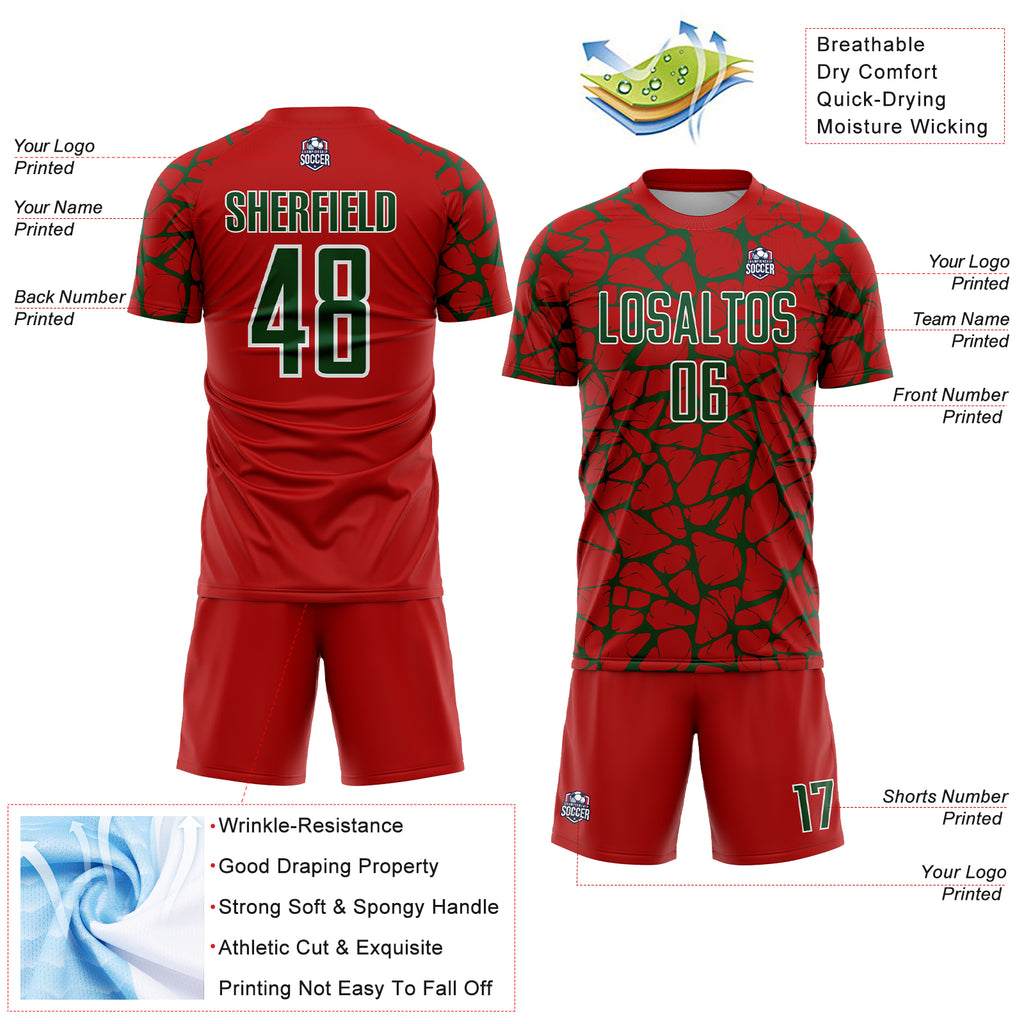 Custom Red Green-White Abstract Network Splash Sublimation Soccer Uniform Jersey