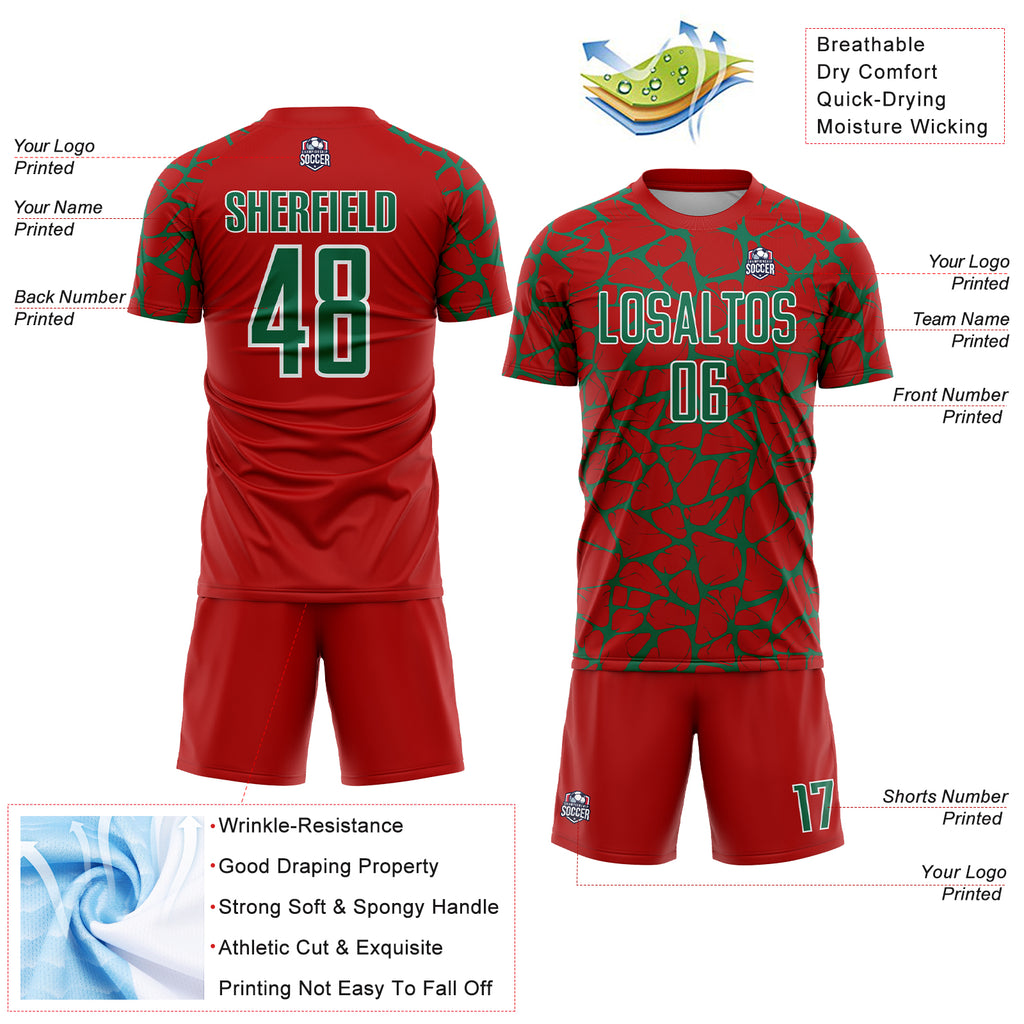 Custom Red Kelly Green-White Abstract Network Splash Sublimation Soccer Uniform Jersey