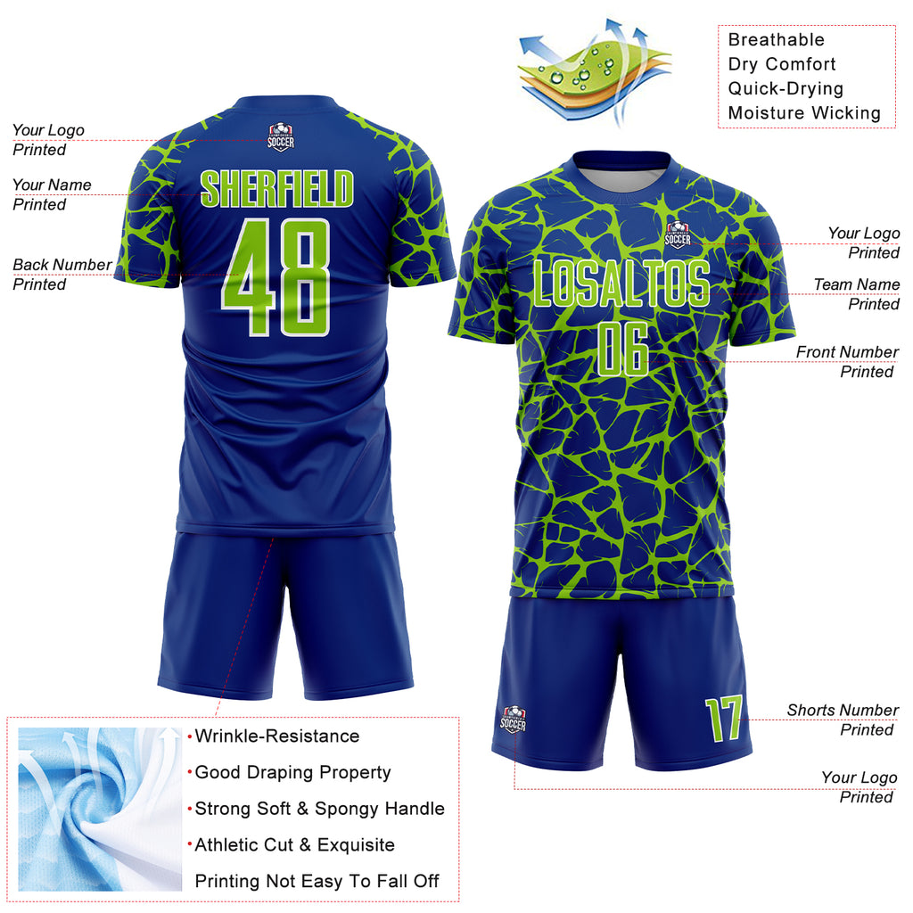 Custom Royal Neon Green-White Abstract Network Splash Sublimation Soccer Uniform Jersey