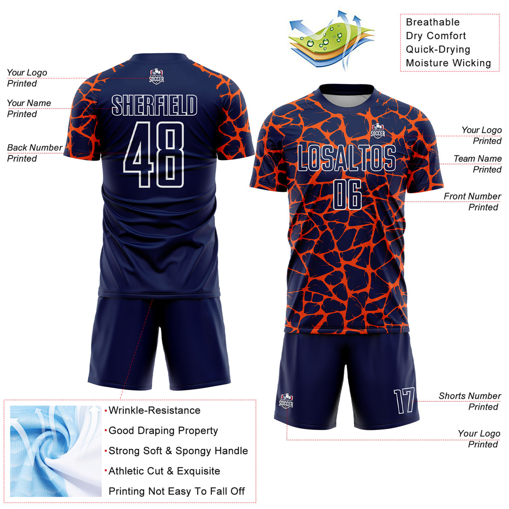 Custom Navy Orange-White Abstract Network Splash Sublimation Soccer Uniform Jersey