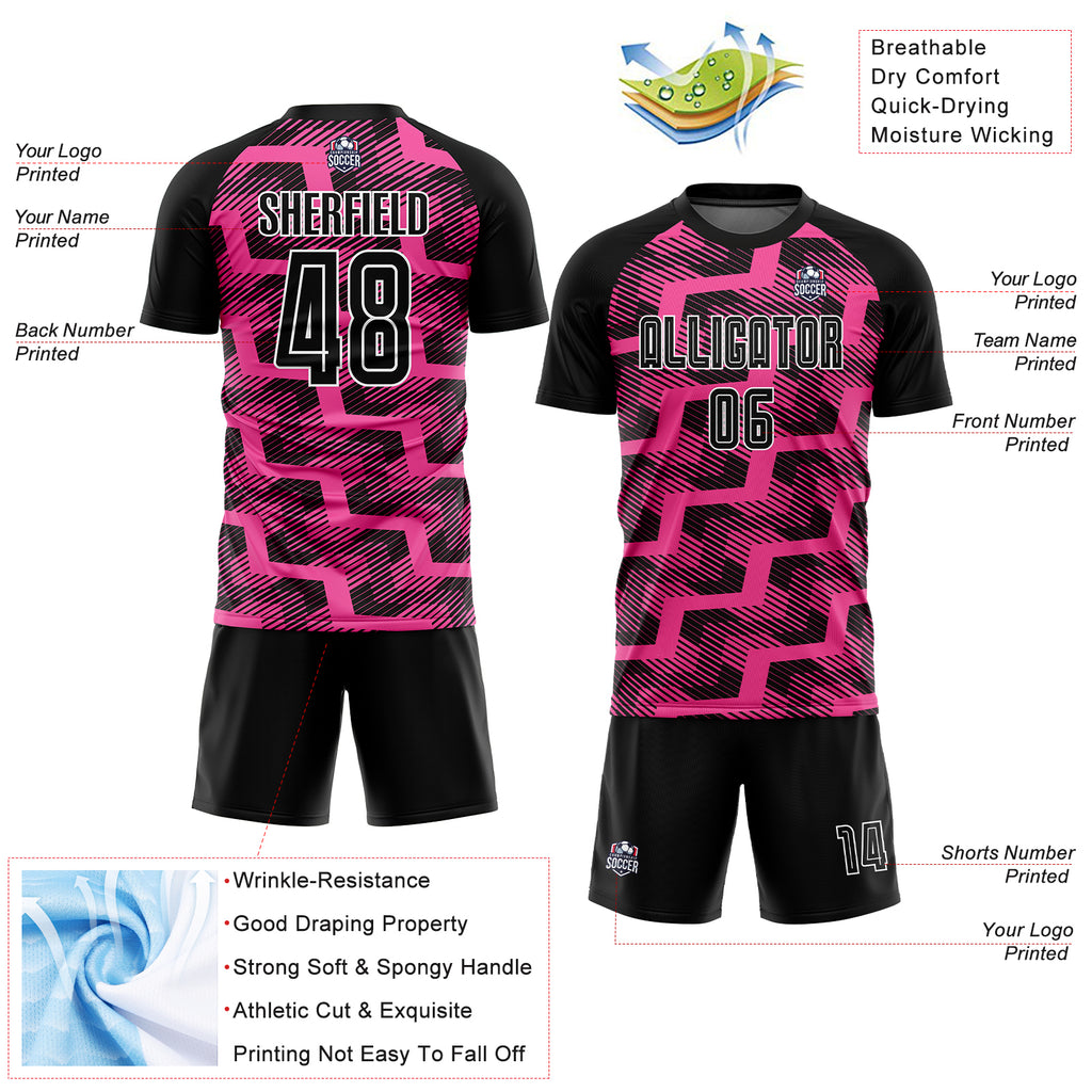 Custom Black Pink-White Line Sublimation Soccer Uniform Jersey