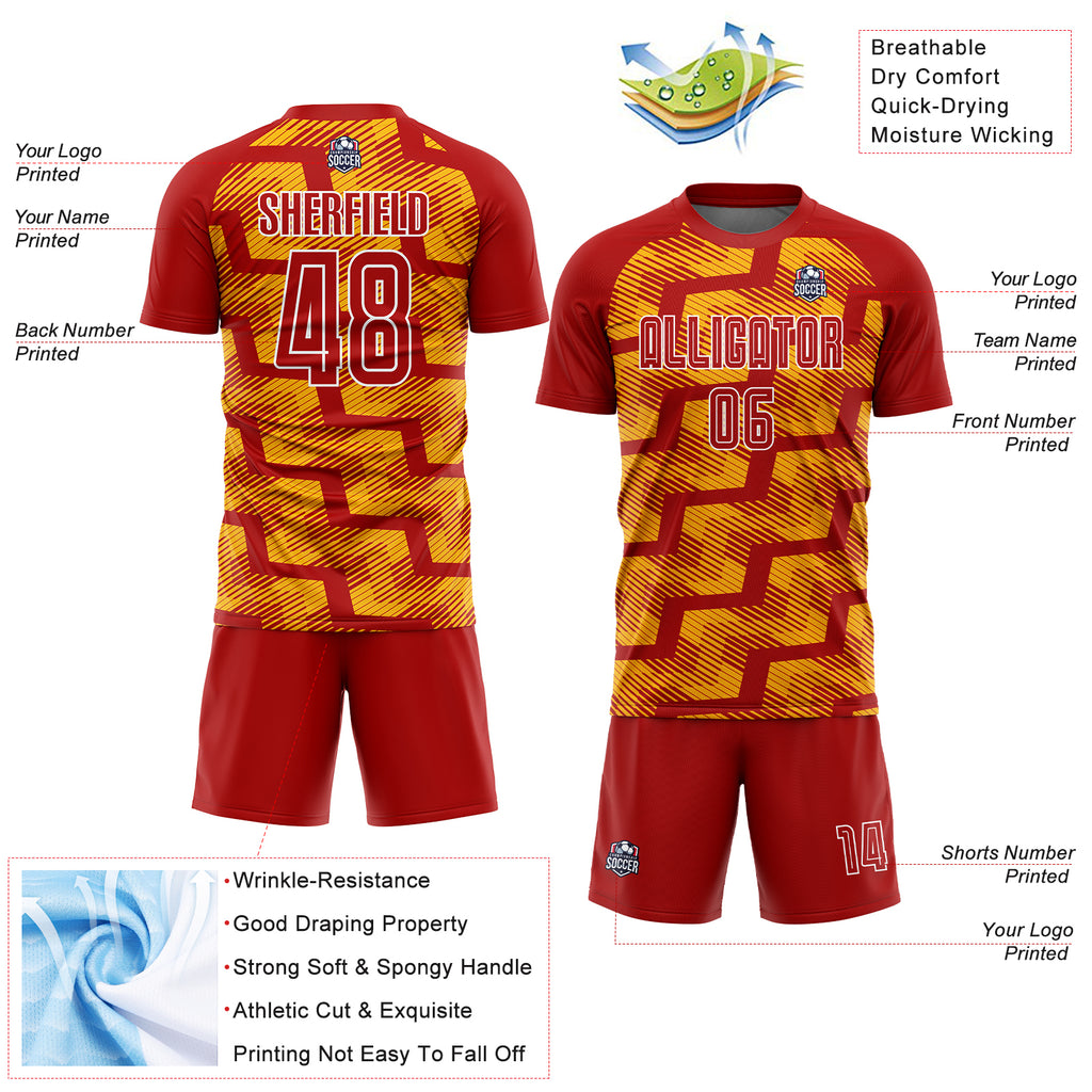 Custom Red Gold-White Line Sublimation Soccer Uniform Jersey