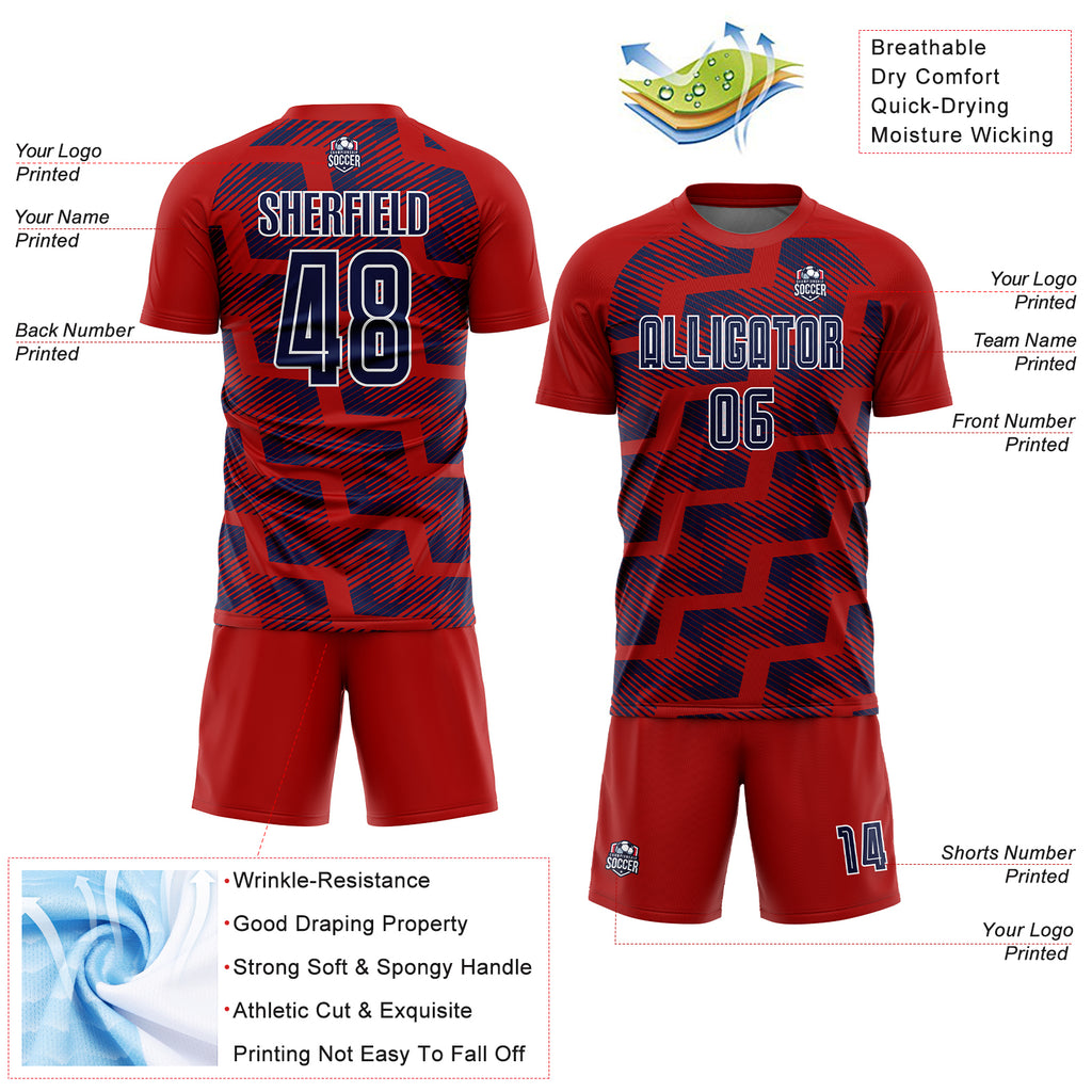 Custom Red Navy-White Line Sublimation Soccer Uniform Jersey