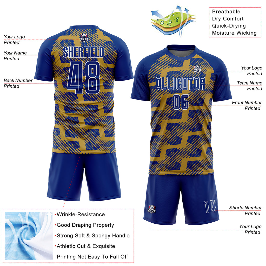 Custom Royal Old Gold-White Line Sublimation Soccer Uniform Jersey