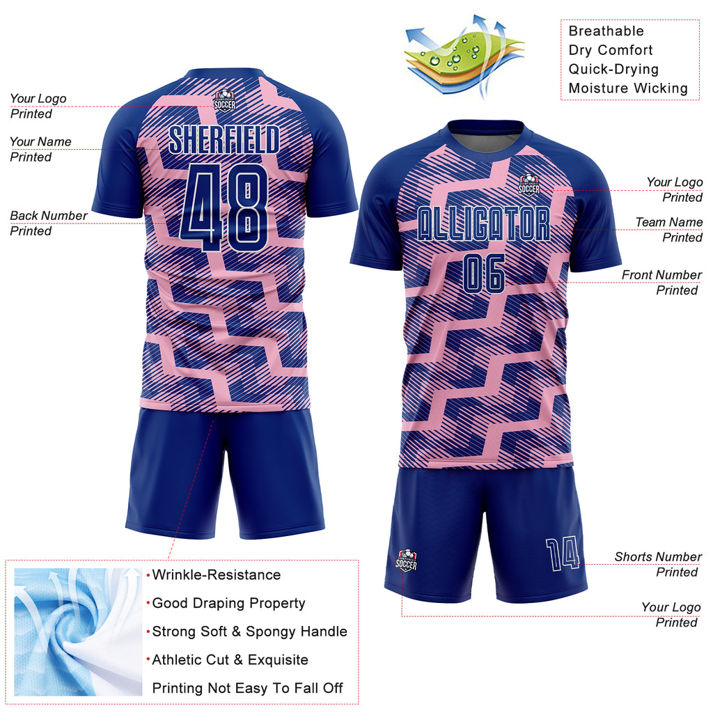 Custom Royal Light Pink-White Line Sublimation Soccer Uniform Jersey