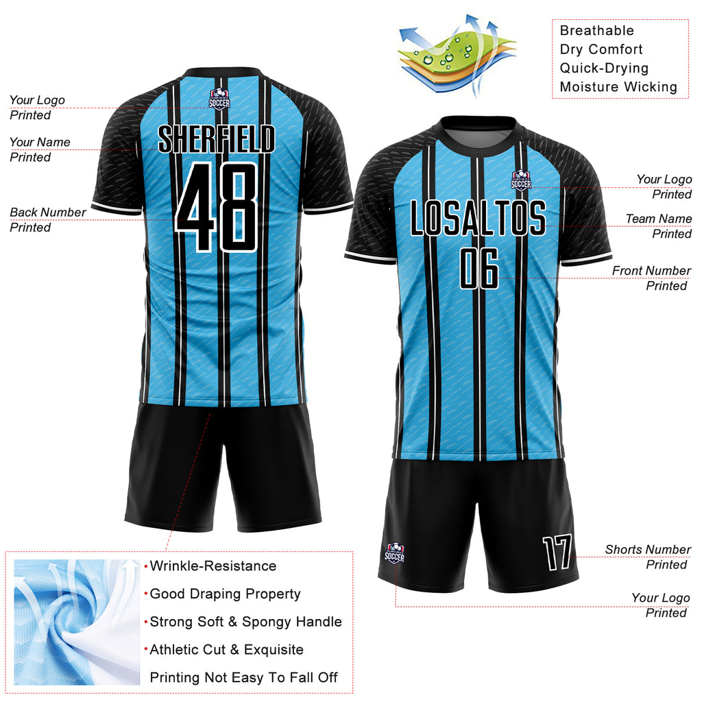 Custom Black Sky Blue-White Line Sublimation Soccer Uniform Jersey