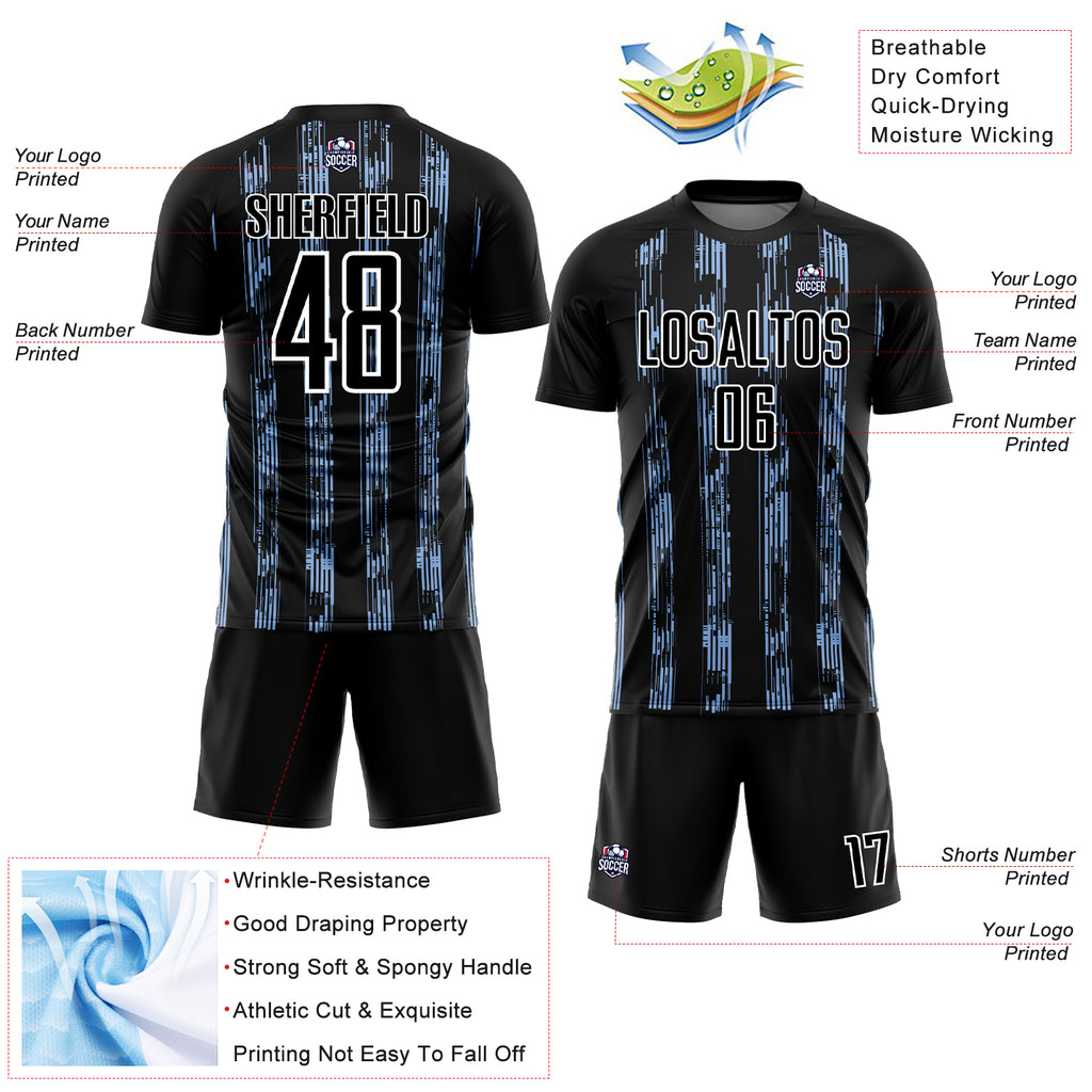 Custom Black Light Blue-White Line Sublimation Soccer Uniform Jersey