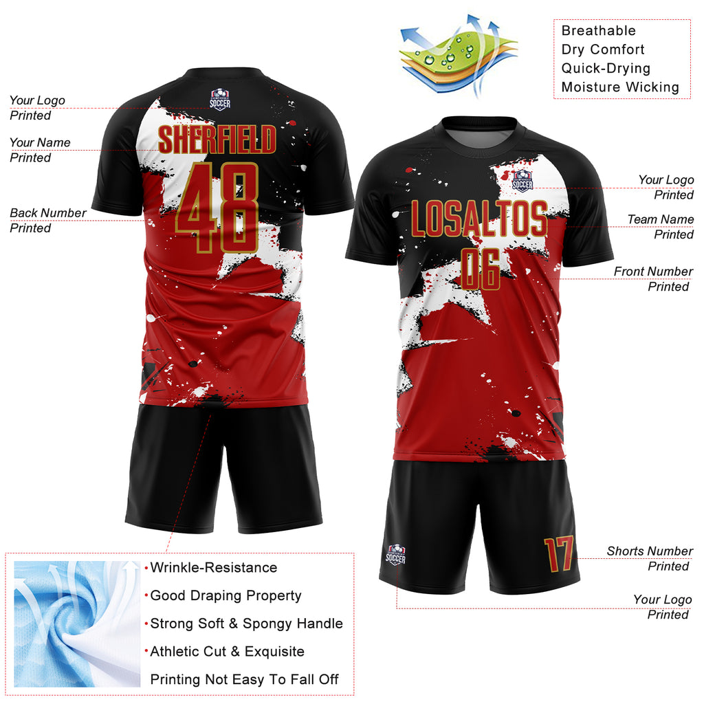 Custom Black Red-Old Gold Spalsh Sublimation Soccer Uniform Jersey