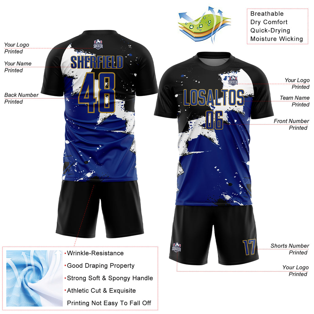 Custom Black Royal-Old Gold Spalsh Sublimation Soccer Uniform Jersey