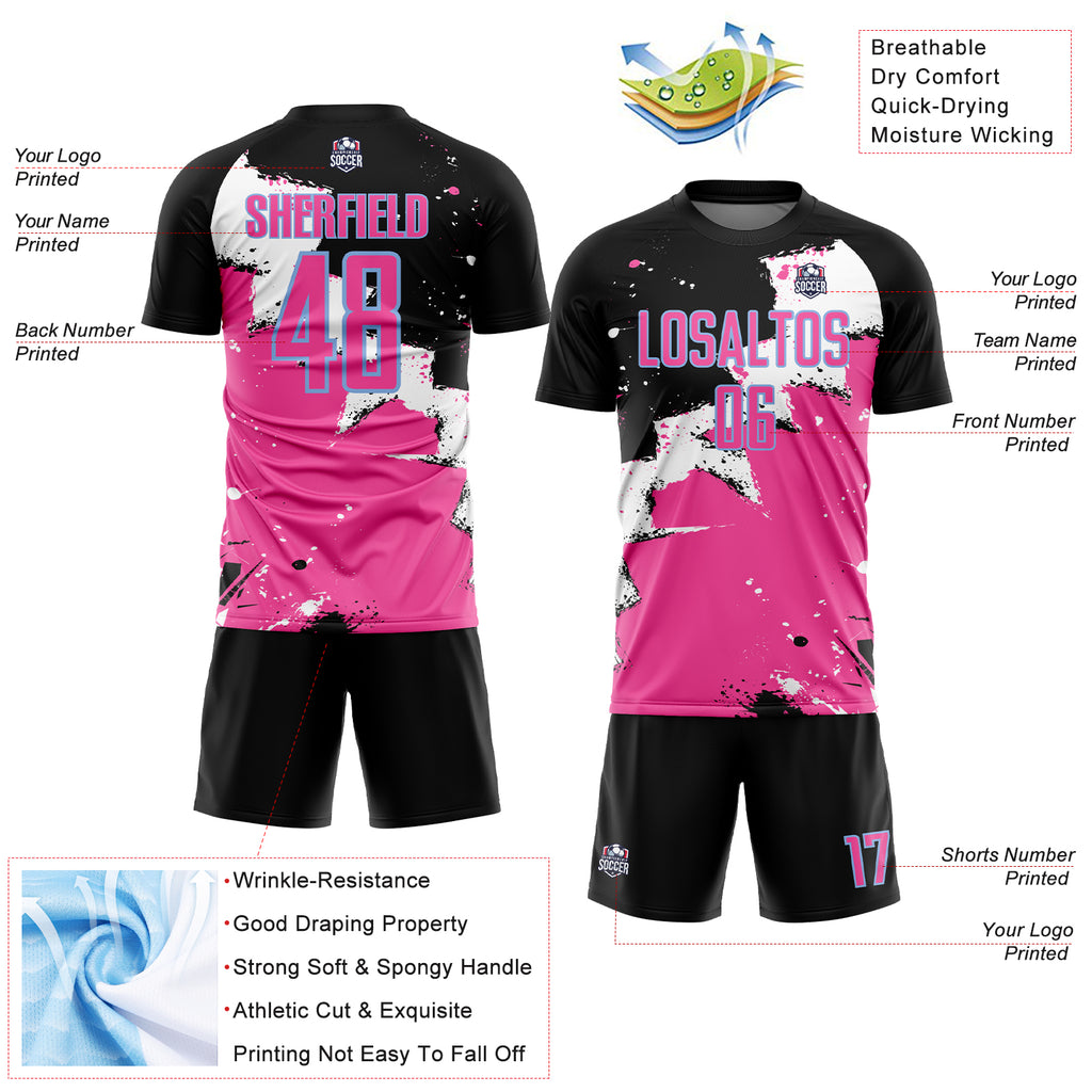 Custom Black Pink-Light Blue Spalsh Sublimation Soccer Uniform Jersey