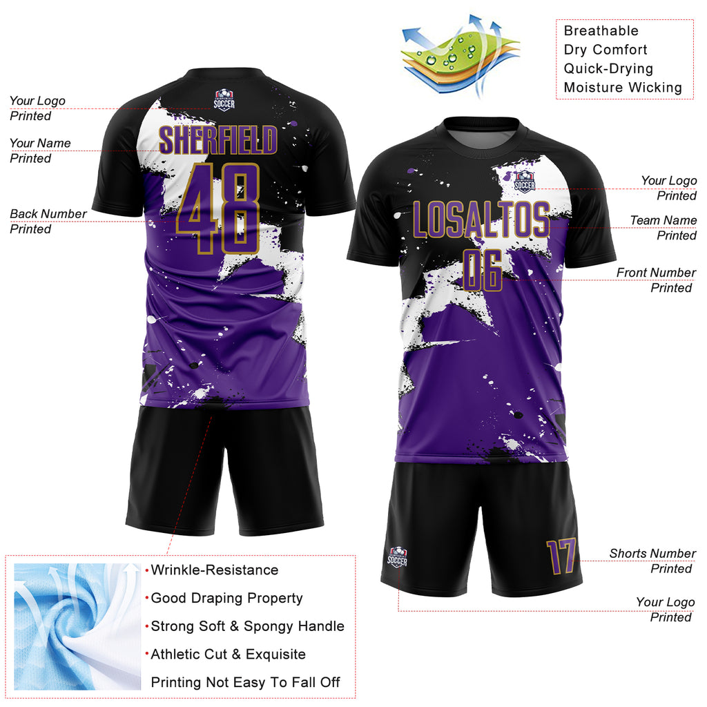 Custom Black Purple-Old Gold Spalsh Sublimation Soccer Uniform Jersey