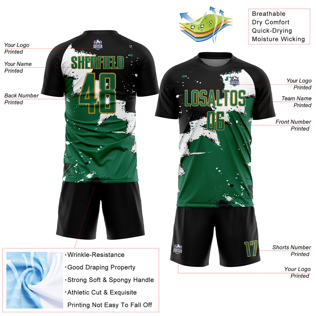 Custom Black Kelly Green-Old Gold Spalsh Sublimation Soccer Uniform Jersey