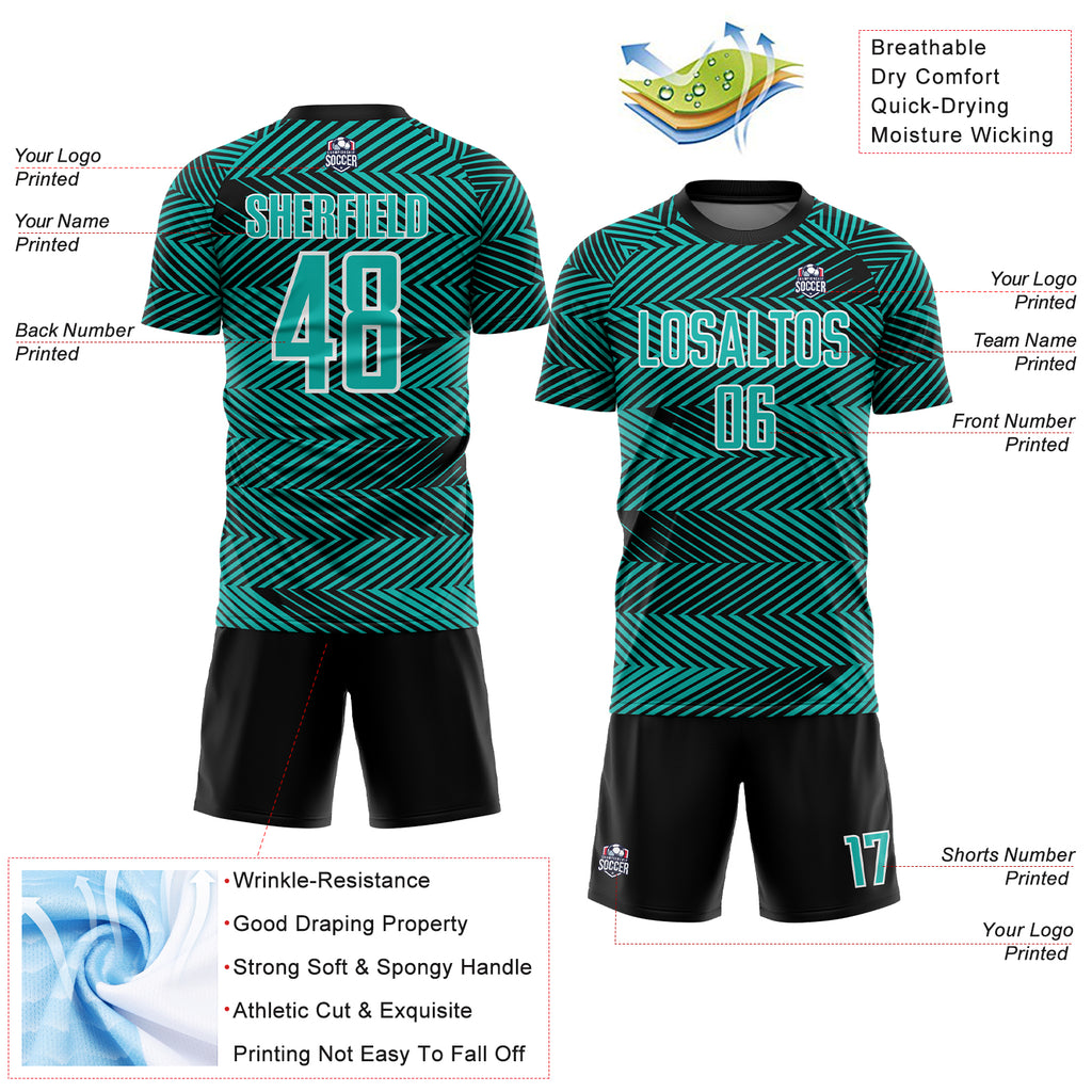 Custom Aqua Black-White Line Sublimation Soccer Uniform Jersey