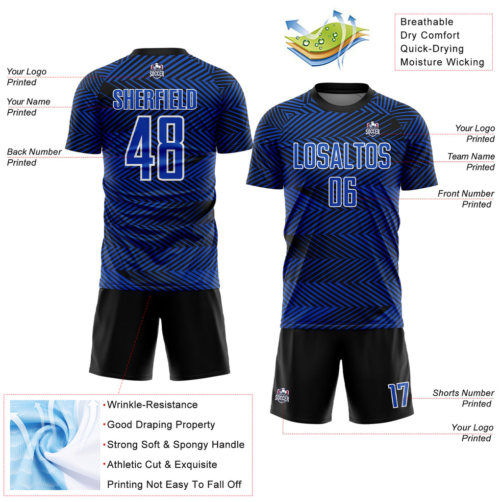 Custom Thunder Blue Black-White Line Sublimation Soccer Uniform Jersey