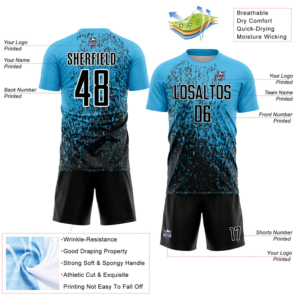 Custom Sky Blue Black-White Abstract Fragment Art Sublimation Soccer Uniform Jersey