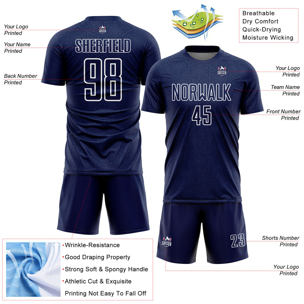 Custom Navy White Geometric Shape Sublimation Soccer Uniform Jersey