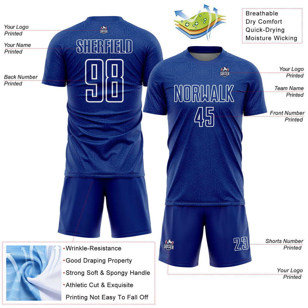 Custom Royal White Geometric Shape Sublimation Soccer Uniform Jersey