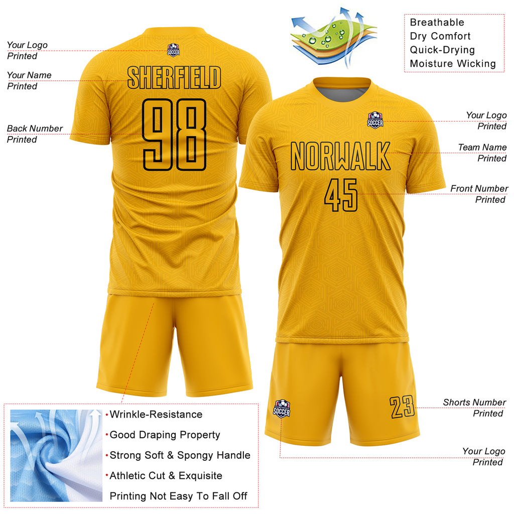 Custom Gold Black Geometric Shape Sublimation Soccer Uniform Jersey