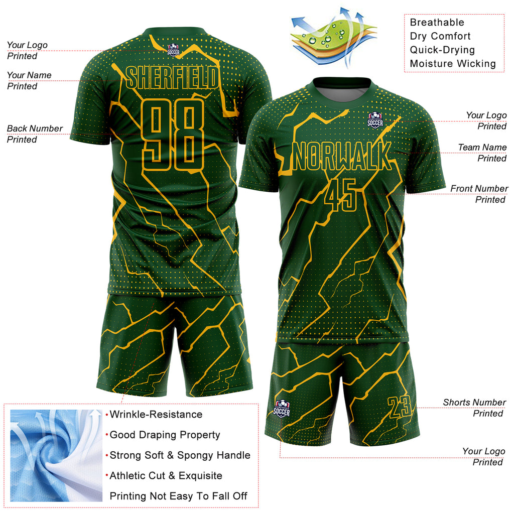 Custom Green Gold Lightning Sublimation Soccer Uniform Jersey