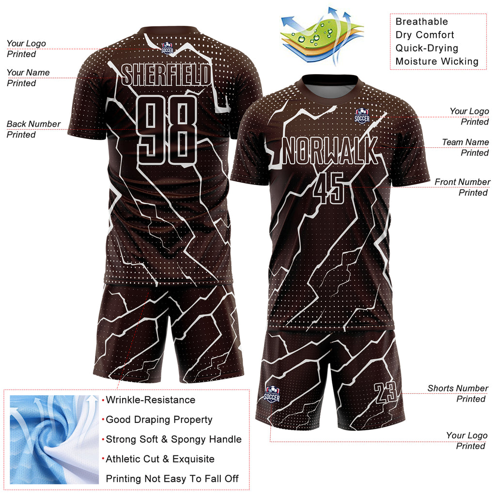 Custom Brown White Lightning Sublimation Soccer Uniform Jersey