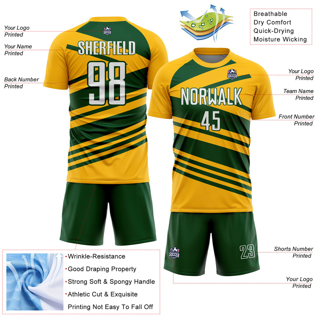 Custom Gold White-Green Line Sublimation Soccer Uniform Jersey