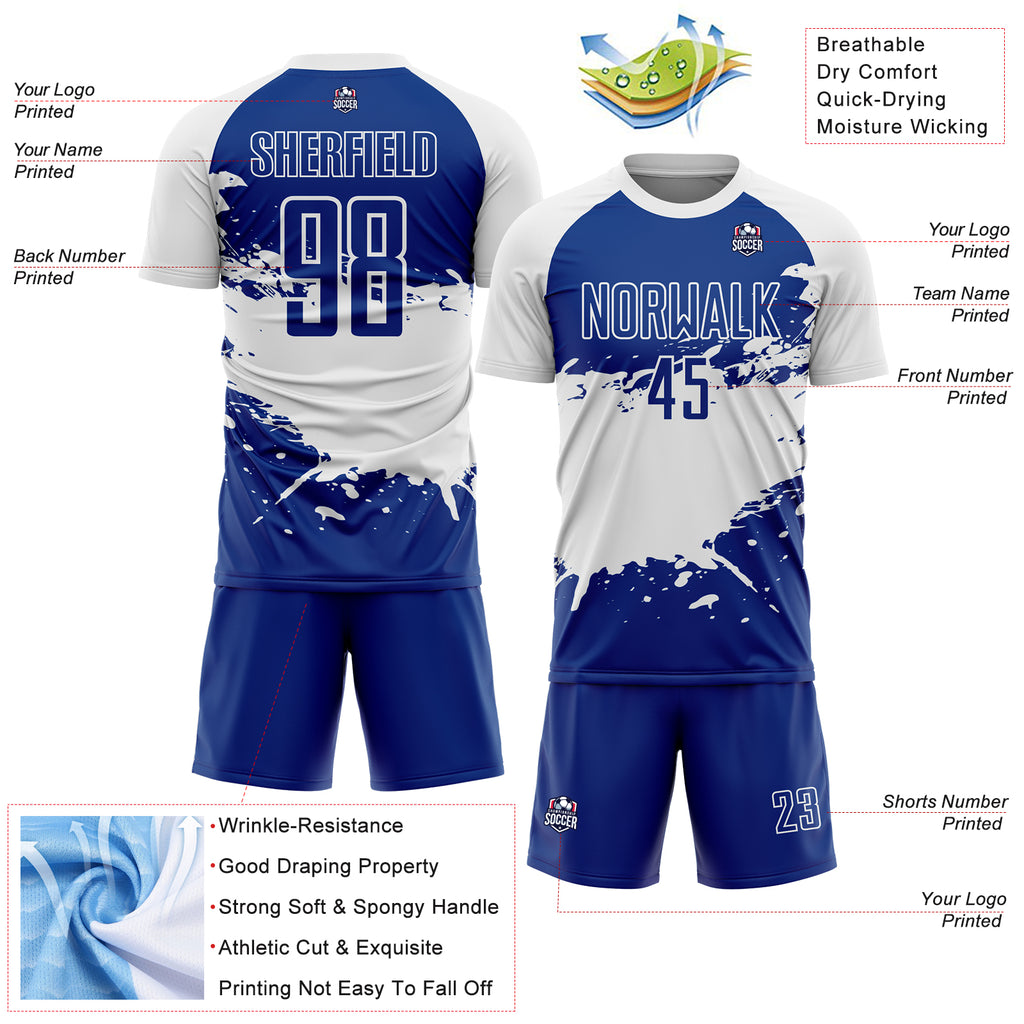 Custom Royal White Splash Sublimation Soccer Uniform Jersey