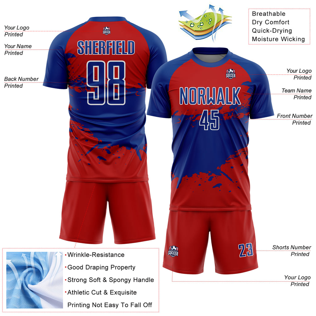 Custom Red Royal-White Splash Sublimation Soccer Uniform Jersey