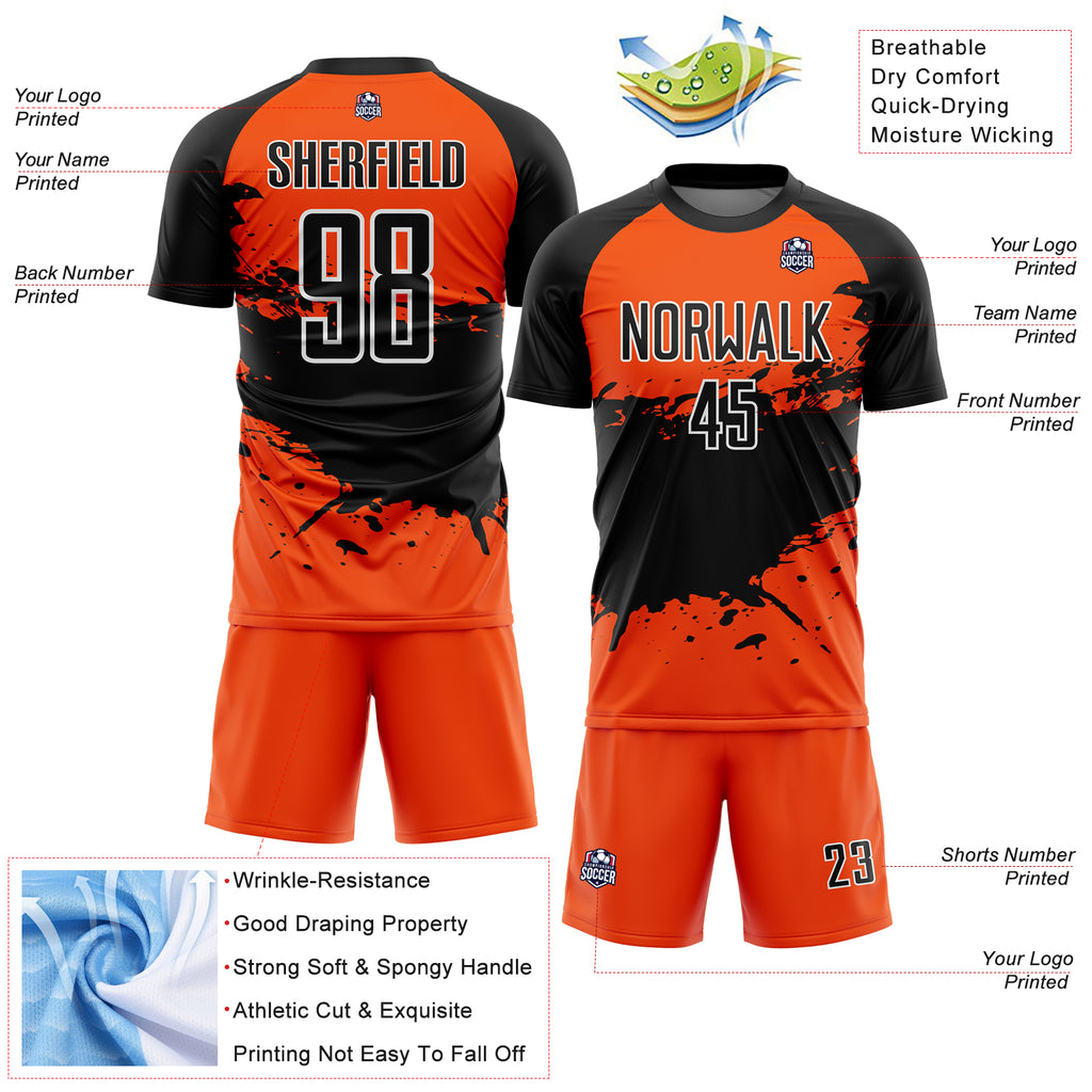 Custom Orange Black-White Splash Sublimation Soccer Uniform Jersey