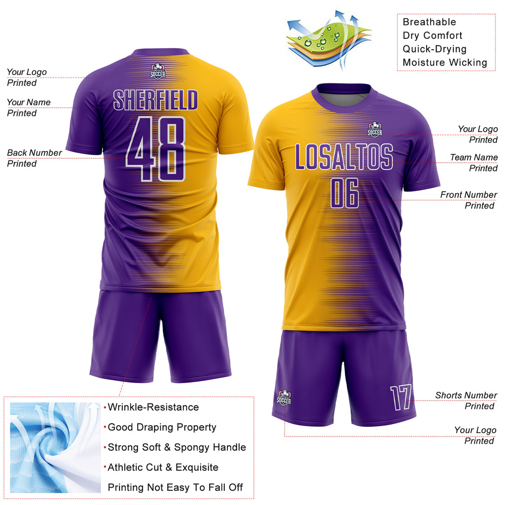 Custom Purple Gold-White Gradient Line Sublimation Soccer Uniform Jersey