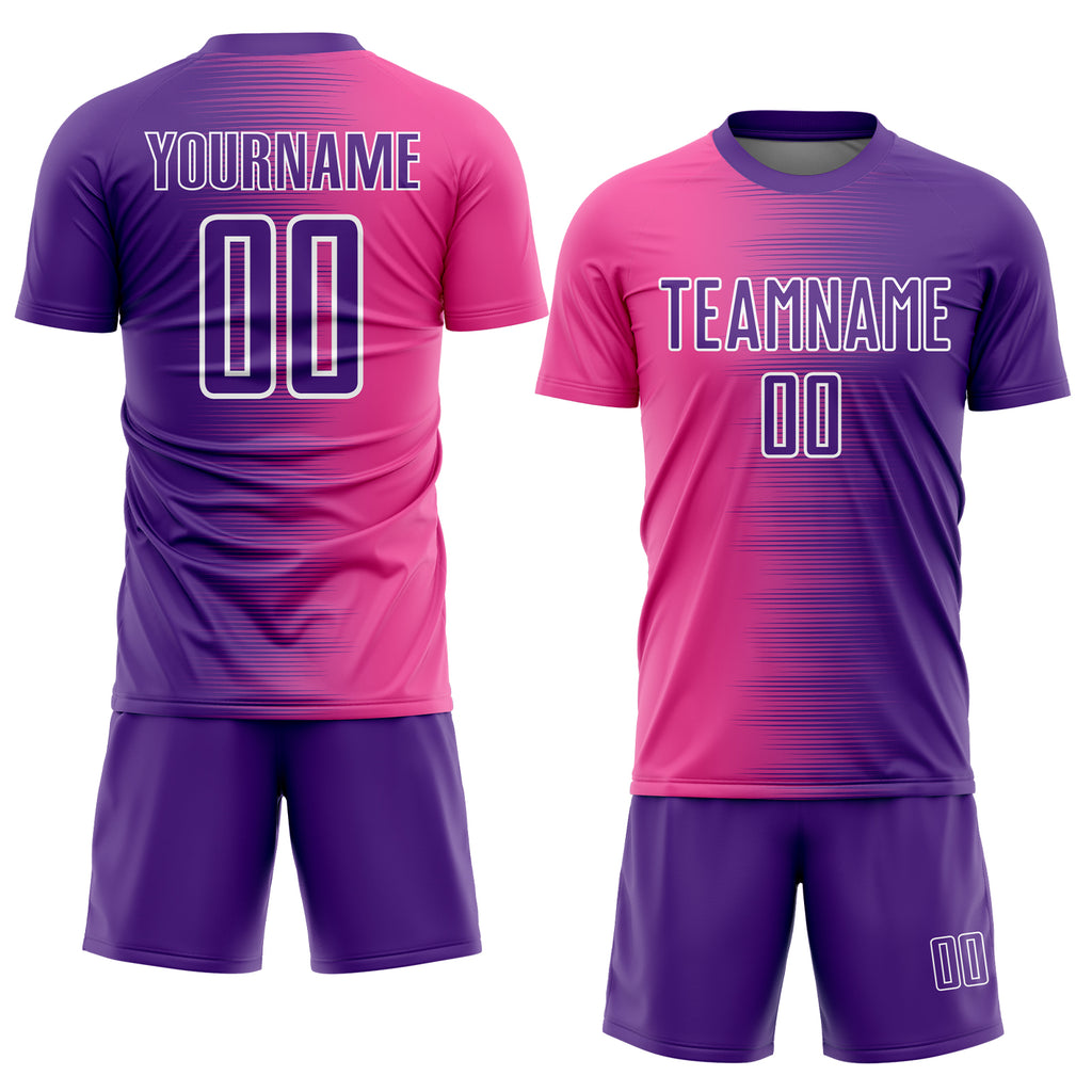 Custom Purple Pink-White Gradient Line Sublimation Soccer Uniform Jersey