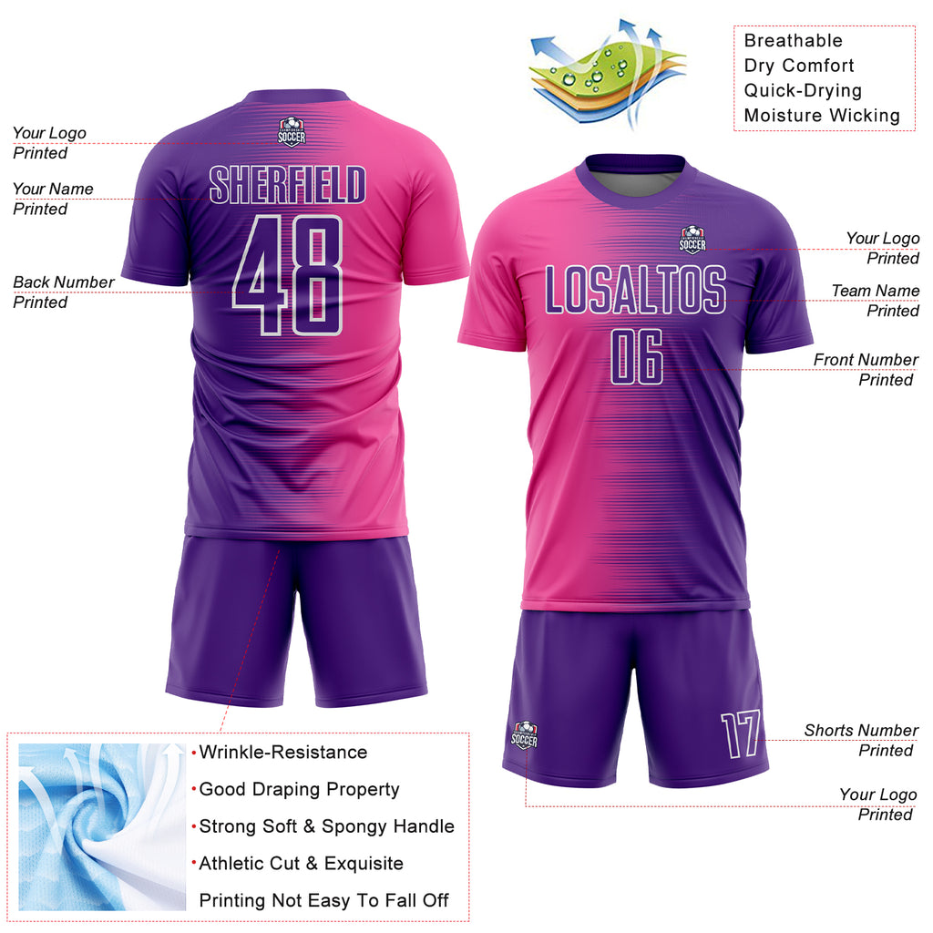 Custom Purple Pink-White Gradient Line Sublimation Soccer Uniform Jersey