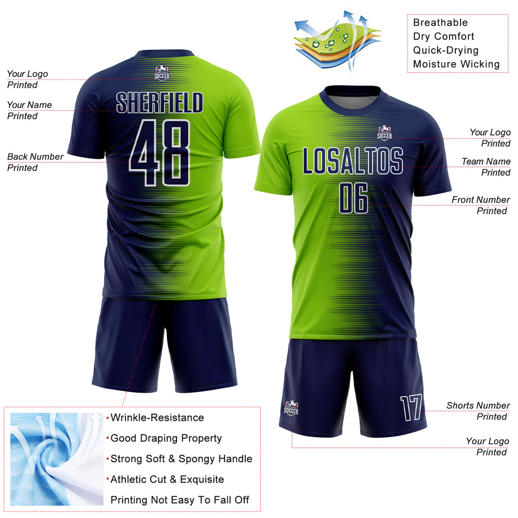 Custom Navy Neon Green-White Gradient Line Sublimation Soccer Uniform Jersey